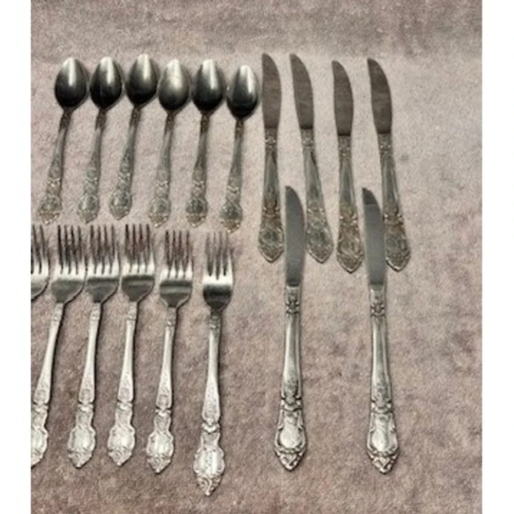 Vtg National Stainless Flatware Set 22pc Silverware Rose Floral Pattern Korea